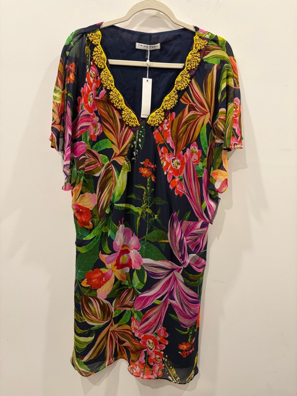 Trina Turk NWT Indigo Rainforest Midi Dress with Yellow Beaded Trim